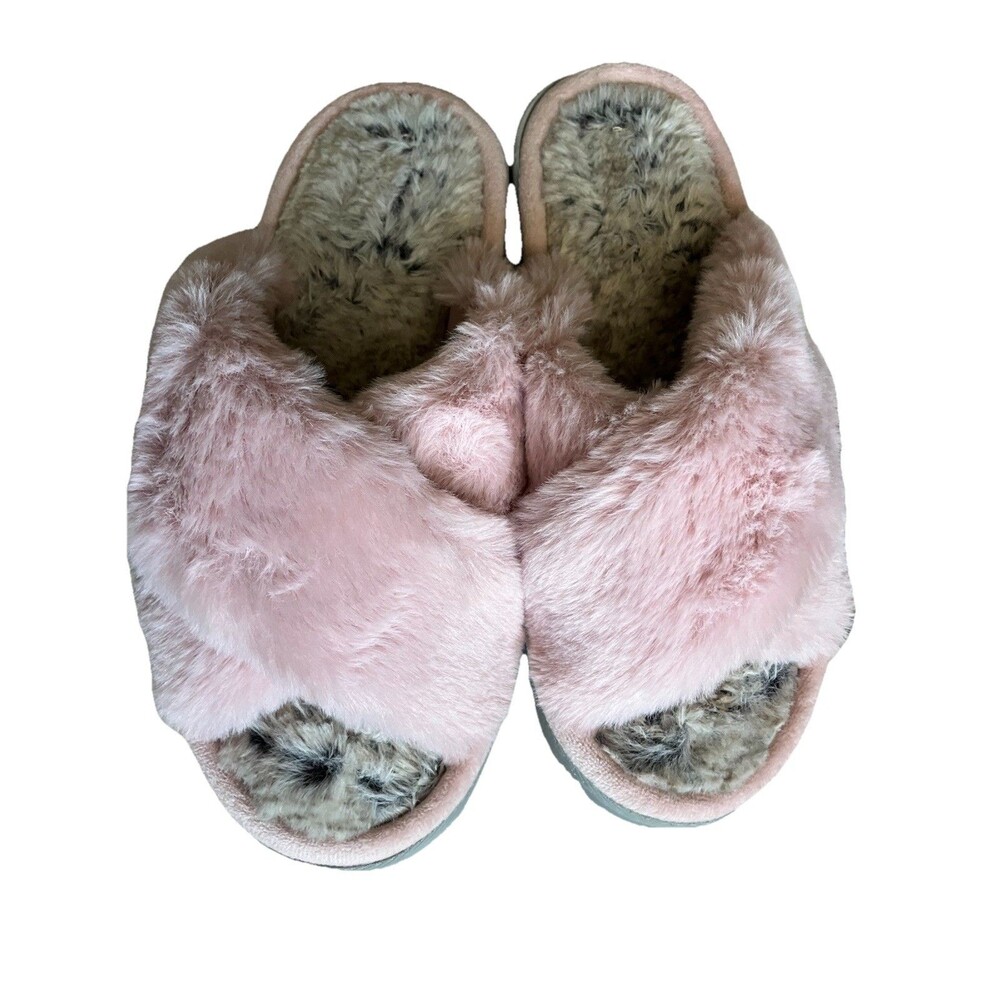 Dearfoams Furry Crossband Women's Slide Slipper Fuzzy Pink New Size 7